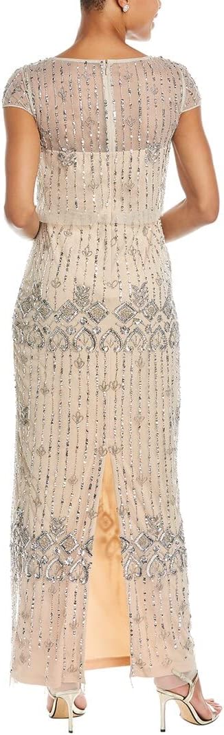 Adrianna Papell Women’s Beaded Popover Column Gown(Silver/Nude ...