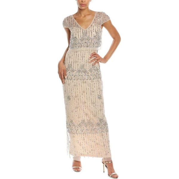 Adrianna Papell Women’s Beaded Popover Column Gown(Silver/Nude ...
